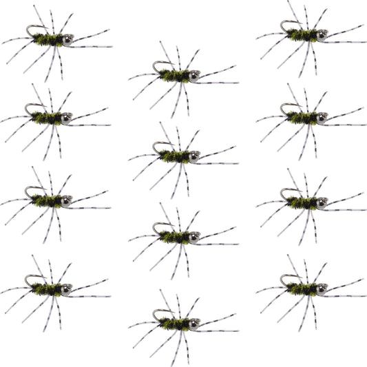 Pat's Rubber Legs Tungsten Jig Black/Olive Euro Nymph 12 Flies Size 6