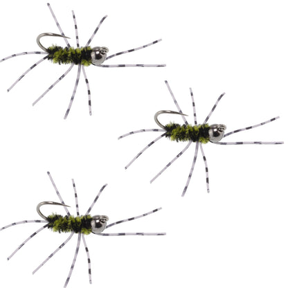 3 Pack Pat's Rubber Legs Tungsten Jigged Black/Olive Euro Nymph Size 6