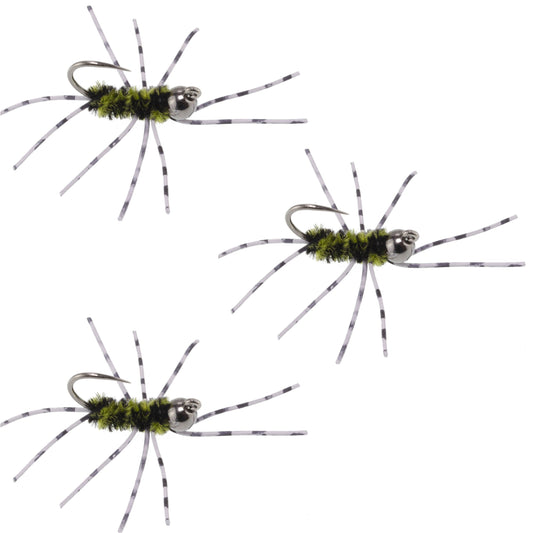 3 Pack Pat's Rubber Legs Tungsten Jigged Black/Olive Euro Nymph Size 6