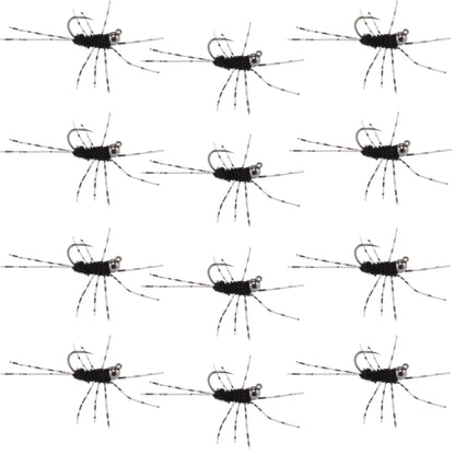 Barbless Pats Rubber Legs Tungsten Jig Black Euro Nymph 12 Flies #6