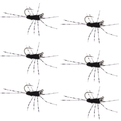 Barbless Pat's Rubber Legs Tungsten Bead Jig Black Euro Nymph 6 Flies #6