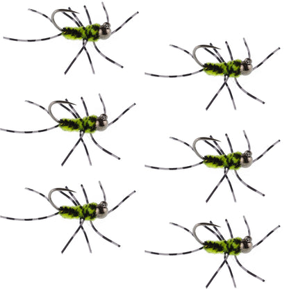 Barbless Pat's Rubber Legs Tungsten Black/Chartreuse Euro Nymph 6 Flies #6