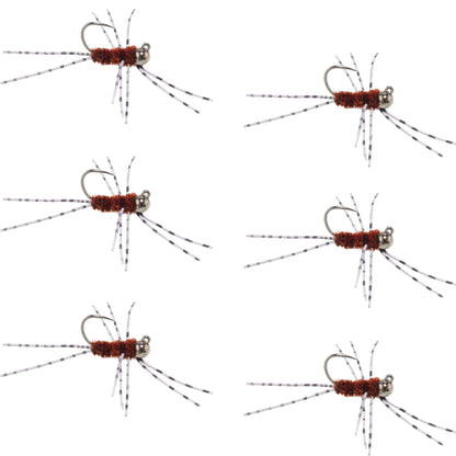 Barbless Pat's Rubber Legs Tungsten Bead Jig Brown Euro Nymph 6 Flies #6