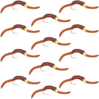 Barbless Tungsten San Juan Bead Head Power Worm Brown 12 Flies Size 10