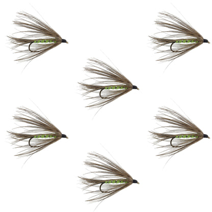 Carey Special Soft Hackle Grouse and Bright Green Wet Fly - 6 Flies Hook Size 10