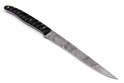 Custom Handmade Damascus Fillet Knife with Micarta Handle - 10.5" Overall Length, Leather Sheath Included