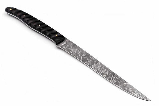 Custom Handmade Damascus Fillet Knife with Micarta Handle - 10.5" Overall Length, Leather Sheath Included