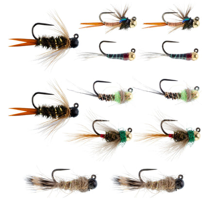Tactical Euro Nymph Collection - 12 Tungsten Bead Flies  -  Sizes 12, 14, 16
