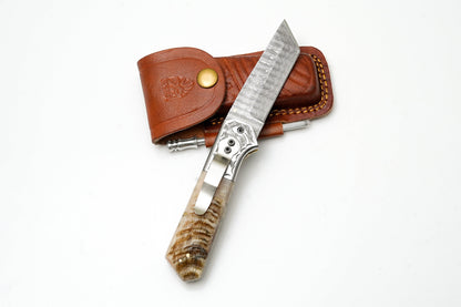Hand-Forged Damascus Steel Tanto Folding Knife – Artisan Bone Handle with Pocket Clip & Sharpener – Tactical EDC TK-482