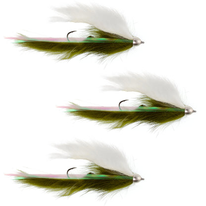 Dolly Llama Stinger Streamer Flies - 3 Olive and White  Size 4