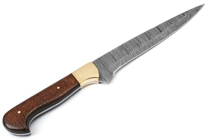 Custom Handmade Damascus Fillet Knife - 12" Micarta Handle with Brass Bolster and Leather Sheath