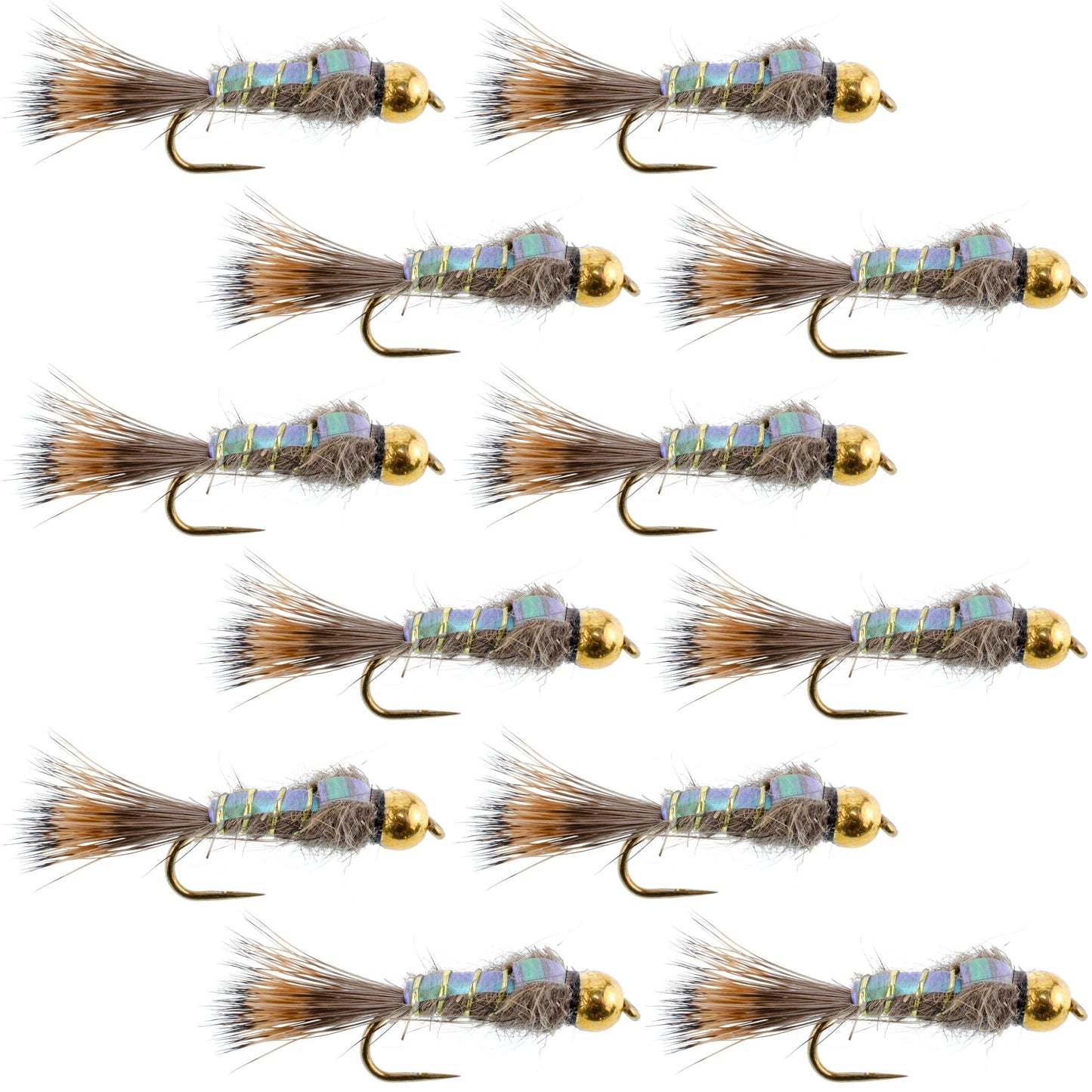 Barbless Bead Head Flash Back Gold Ribbed Hare's Ear Nymph 1 Dozen Flies Hook Size 14
