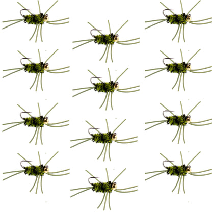 Pat's Rubber Legs Tungsten Jig Black/Olive Euro Nymph 12 Flies Size 10
