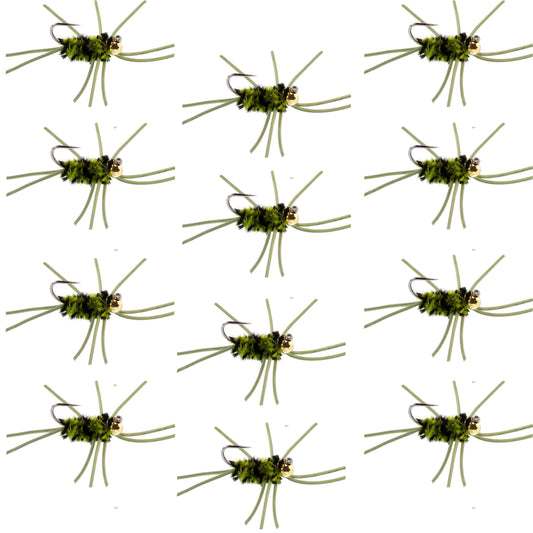 Pat's Rubber Legs Tungsten Jig Black/Olive Euro Nymph 12 Flies Size 10