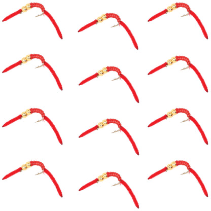 San Juan Double Bead Power Worm Red V-Rib - 1 Dozen Nymph Flies Hook Size 10
