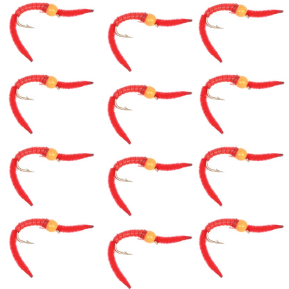 San Juan Worm Orange Bead Head Power Worm Red V-Rib - 1 Dozen Nymph Flies Hook Size 14