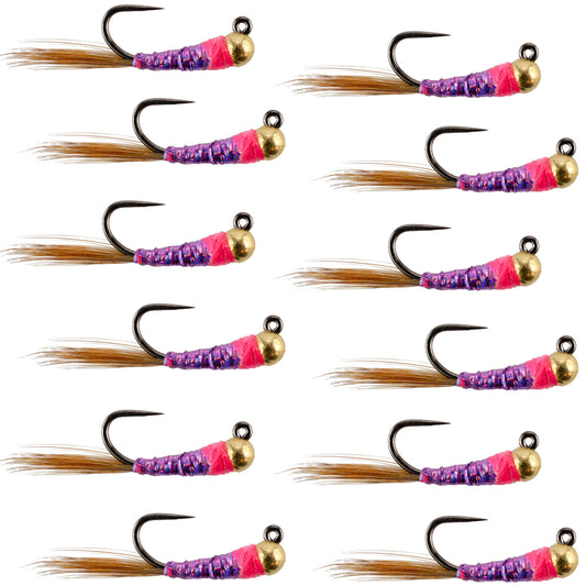 Tungsten Hot Spot Purple Perdigon Tactical  Nymph Fly - 12 Flies Size 18
