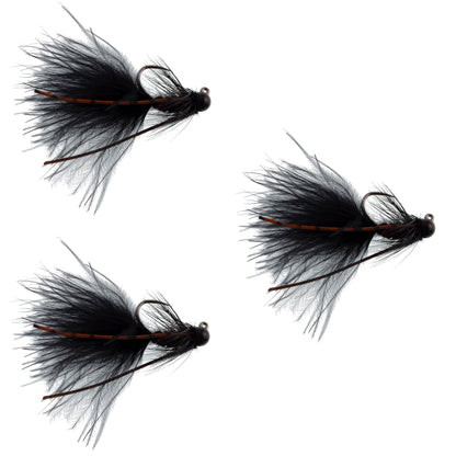 3 Pack Tungsten Bead Tactical Black Mini Bugger Euro Nymph Fly - Size 8