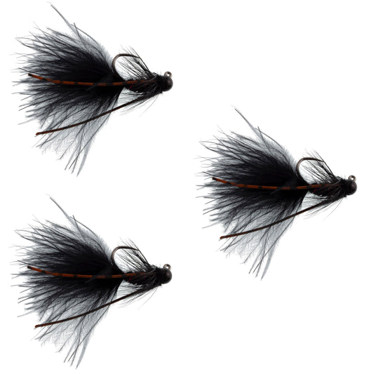3 Pack Tungsten Bead Tactical Black Mini Bugger Euro Nymph Fly - Size 12