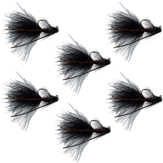 Tungsten Bead Tactical Black Mini Bugger Euro Nymph Fly - 6 Flies Size 8