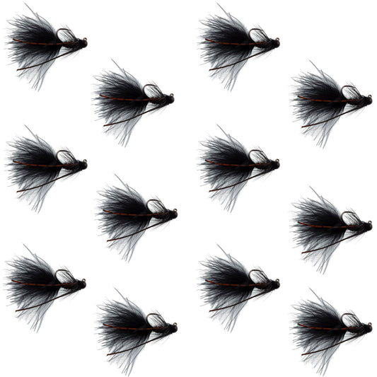 Tungsten Bead Tactical Black Mini Bugger Euro Nymph Fly - 12 Flies Size 12