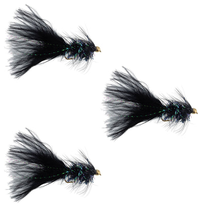 3 Pack Black Bead Head Crystal Woolly Bugger Streamer Flies Size 4