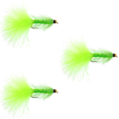 3 Pack Chartreuse Bead Head Crystal Woolly Bugger Streamer Fly - Size 4