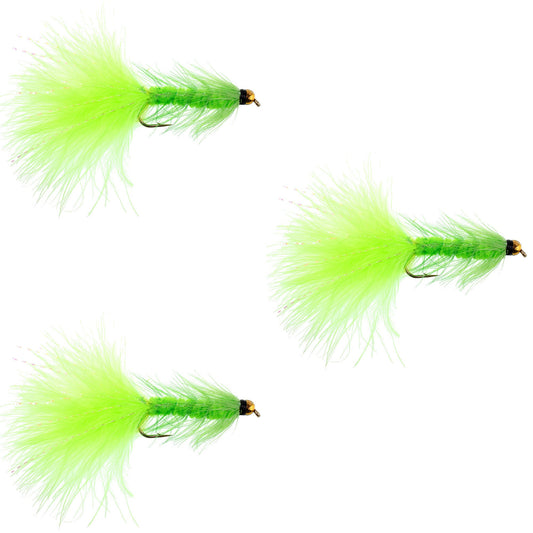 3 Pack Chartreuse Bead Head Crystal Woolly Bugger Streamer Fly - Size 4