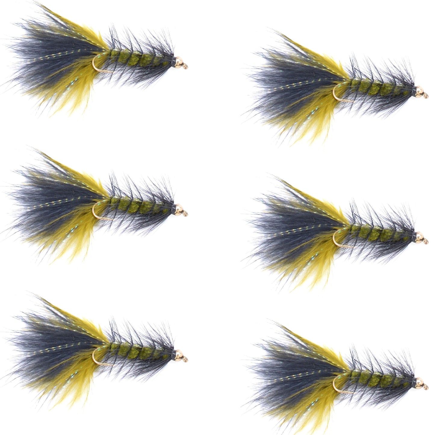 Olive Black Bead Head Crystal Woolly Bugger Streamer Fliy - 6 Flies - Size 4