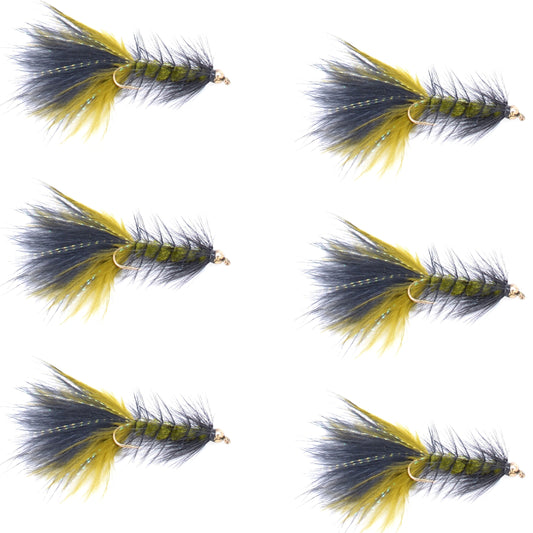 Olive Black Bead Head Crystal Woolly Bugger Streamer Fliy - 6 Flies - Size 4