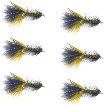 Olive Black Bead Head Crystal Woolly Bugger Streamer - 6 Flies - Size 8