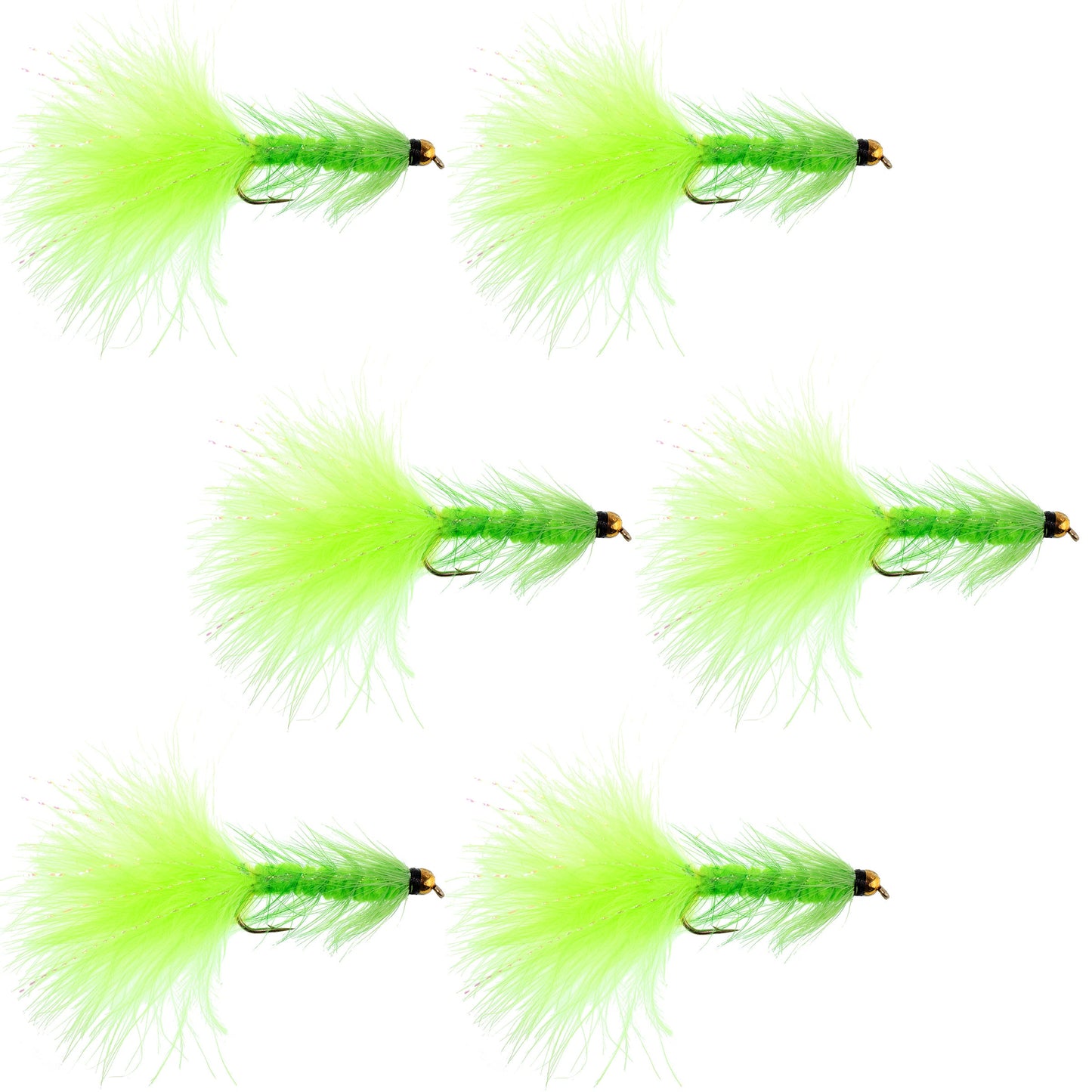 Chartreuse Bead Head Crystal Woolly Bugger Streamer Flies - 6 Flies - Size 8