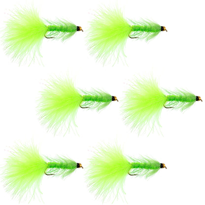 Chartreuse Bead Head Crystal Woolly Bugger Streamer Flies - 6 Flies - Size 8