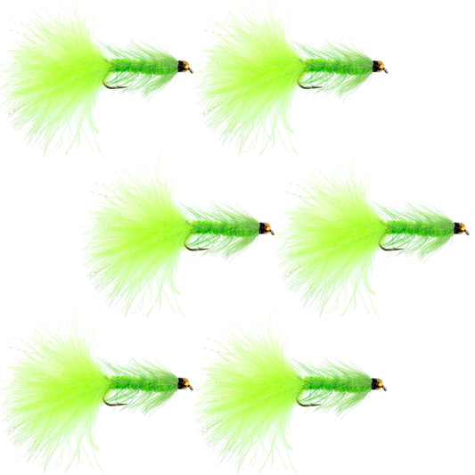Chartreuse Bead Head Crystal Woolly Bugger Streamer Flies - 6 Flies - Size 8