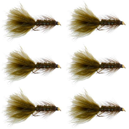 Dark Olive Bead Head Crystal Woolly Bugger Streamer - 6 Flies - Size 8
