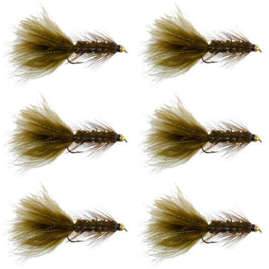 Dark Olive Bead Head Crystal Woolly Bugger Streamer - 6 Flies - Size 8