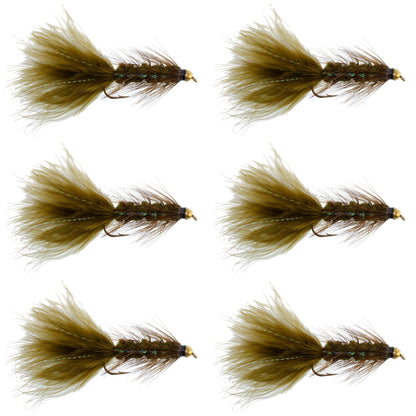 Dark Olive Bead Head Crystal Woolly Bugger Streamer Fly - 6 Flies - Size 4