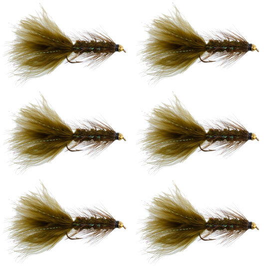 Dark Olive Bead Head Crystal Woolly Bugger Streamer Fly - 6 Flies - Size 4