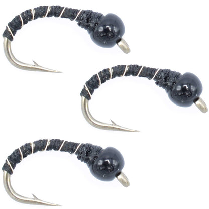 3 Pack Bead Head Black Zebra Midge Still Water Nymph Fly Hook Size 24