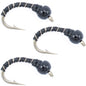 3 Pack Bead Head Black Zebra Midge Still Water Nymph Fly Fishing Fly Hook Size 16