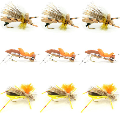 Grasshopper Trout Flies Assortment Foam Hoppers - 9 Flies Size 10