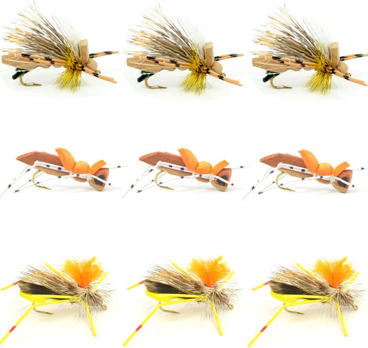 Grasshopper Trout Flies Assortment Foam Hoppers - 9 Flies Size 10